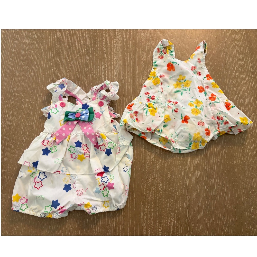 Vintage Baby Girls 6 Months Romper Lot Floral Star Print Ruffle Bubble Outfit